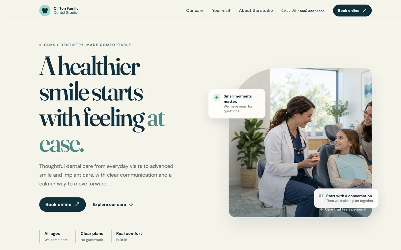 Preview of a sample dental practice website design on desktop; a mobile version is shown on smaller screens.