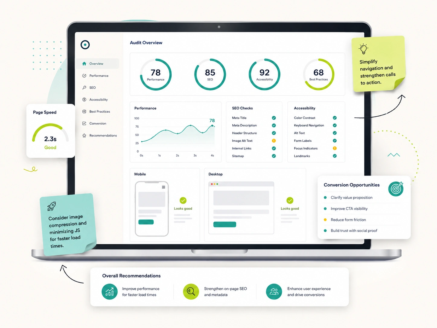 Website audit dashboard with usability and performance findings
