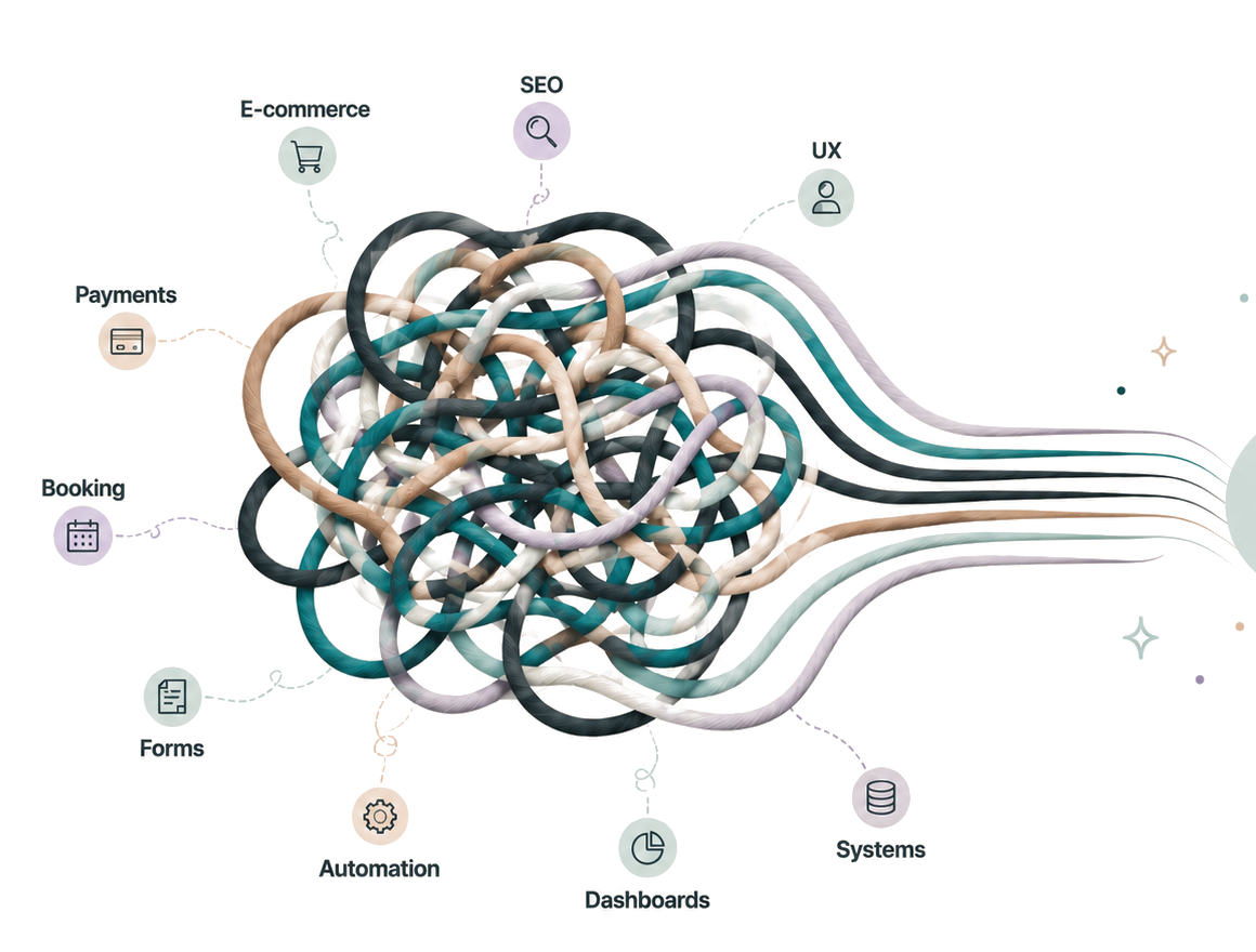 A tangle of e-commerce, SEO, UX, payments, booking, forms, automation, dashboards, and systems resolving into a clear path.
