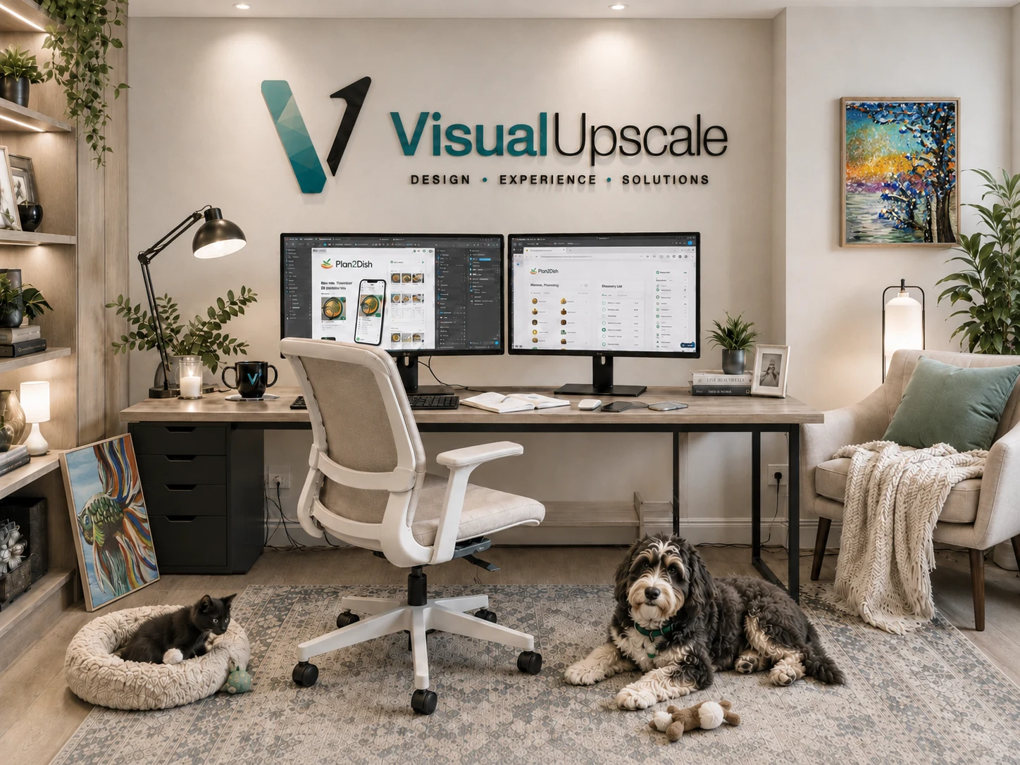 Visual Upscale creative home studio with dual monitors showing Plan2Dish, original artwork, a black kitten, and a Bernedoodle