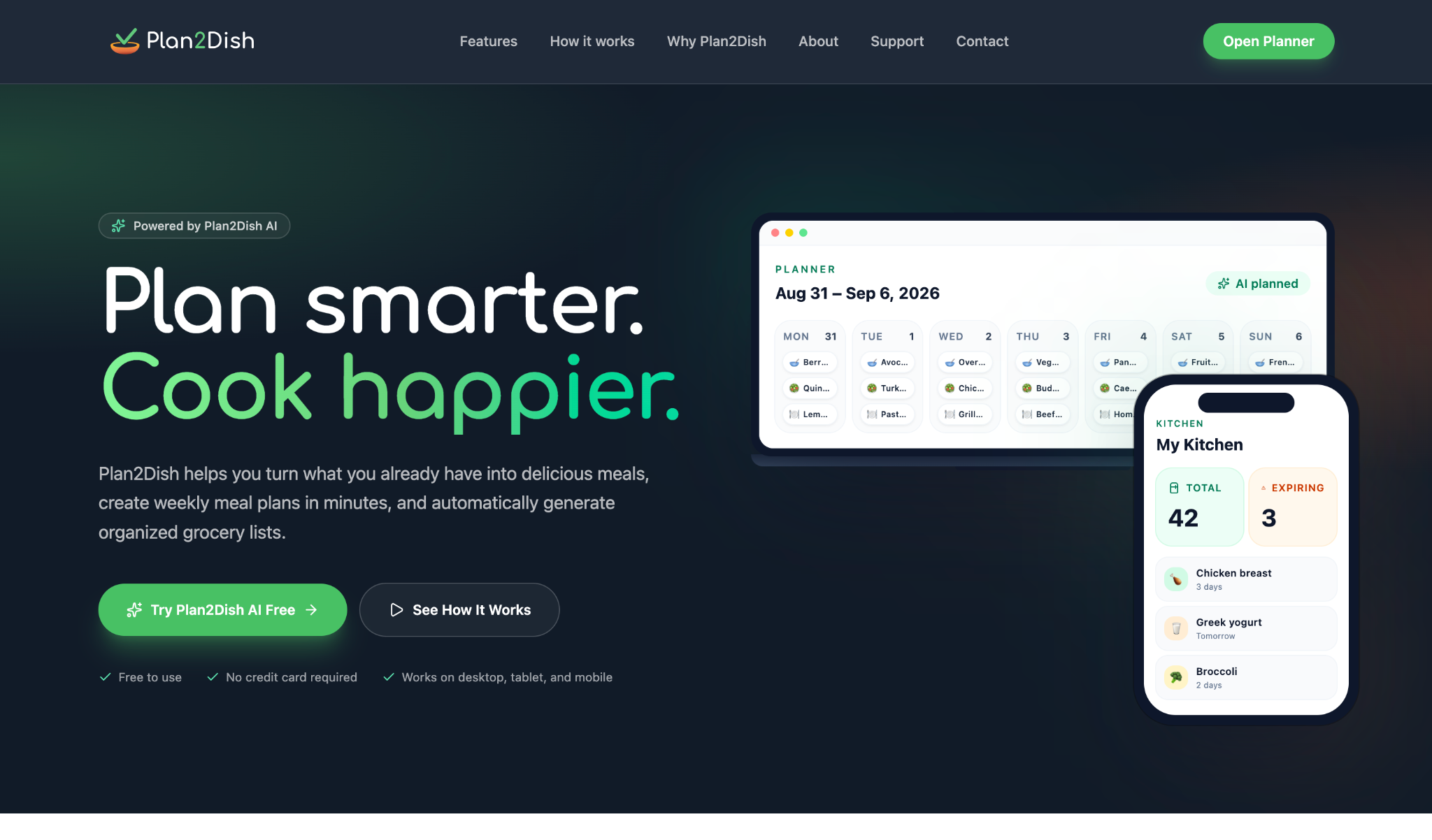 Plan2Dish AI meal planning website interface