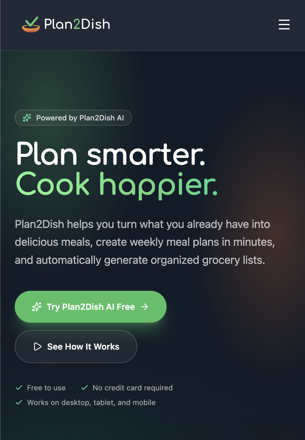 Plan2Dish mobile website experience