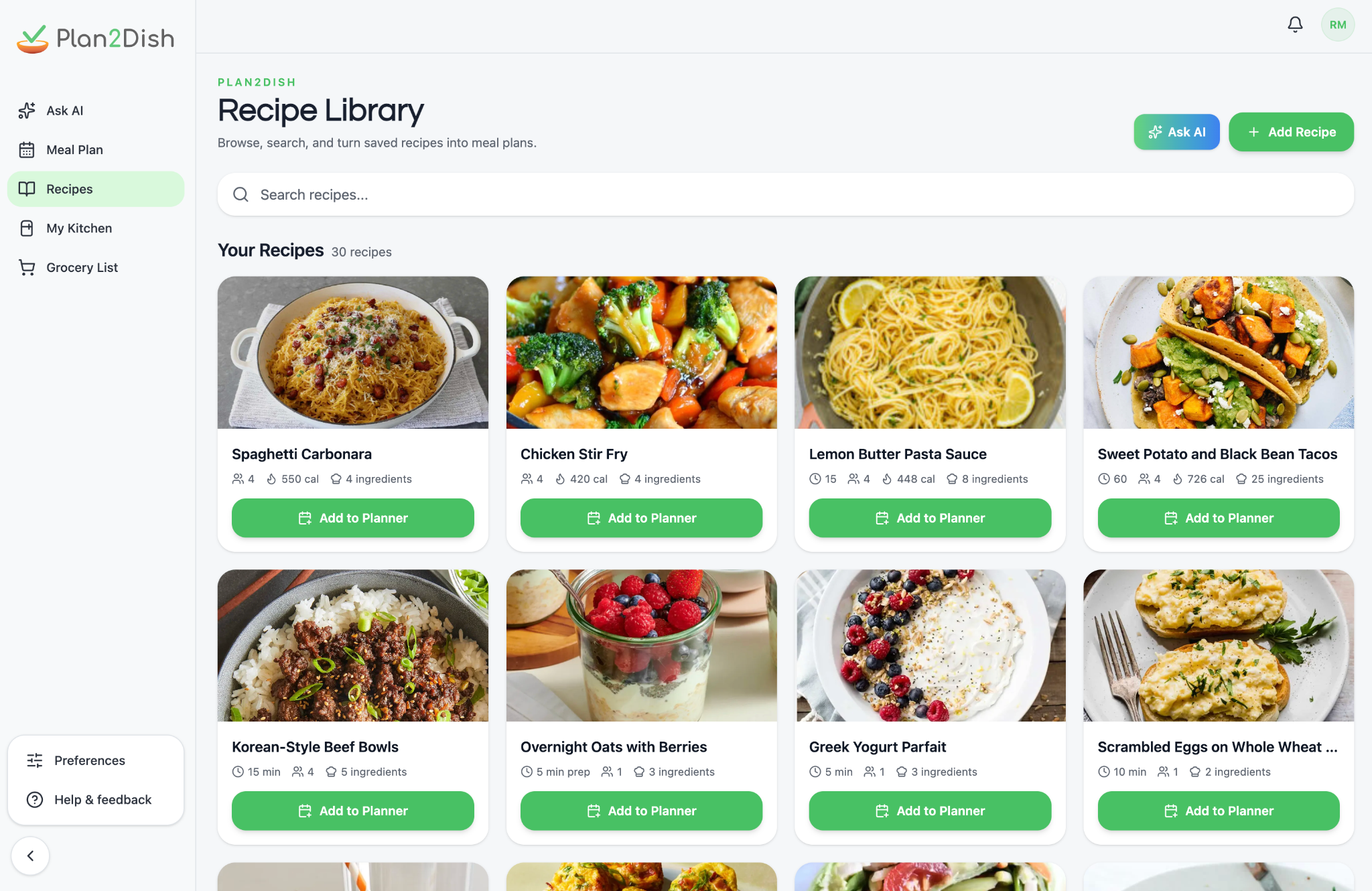 Plan2Dish recipe library interface