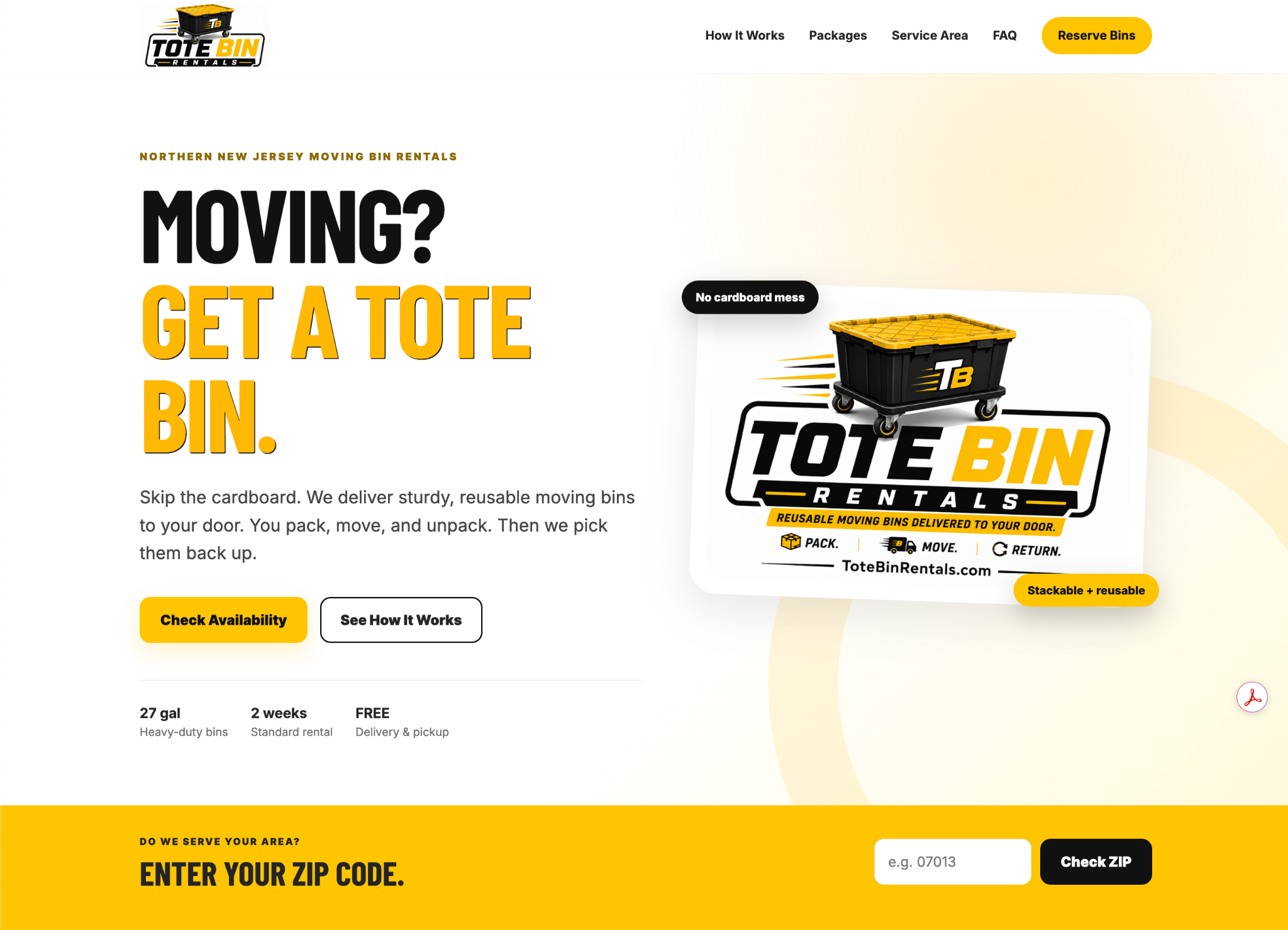 Tote Bin Rentals website homepage