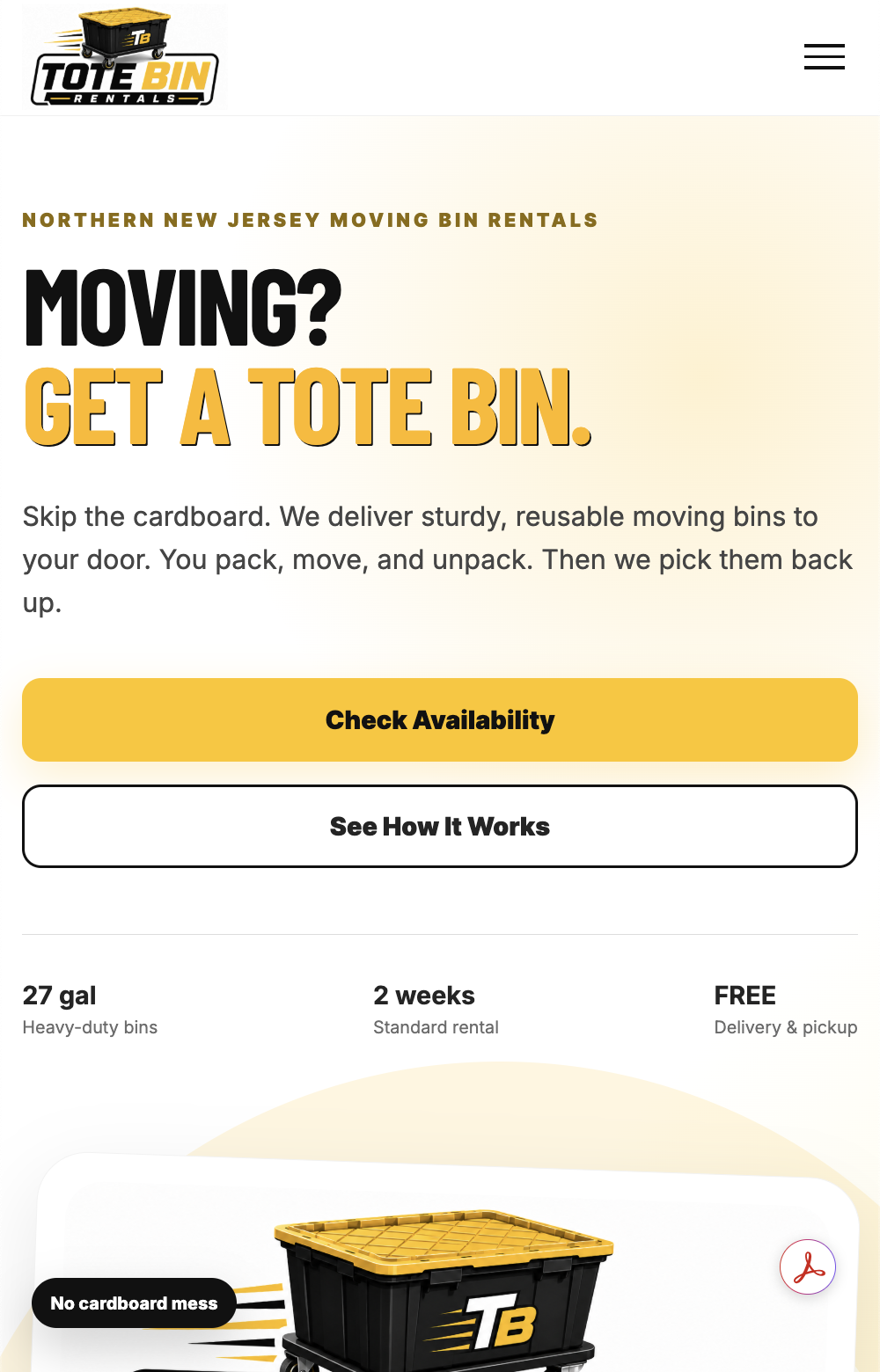Tote Bin Rentals mobile homepage experience
