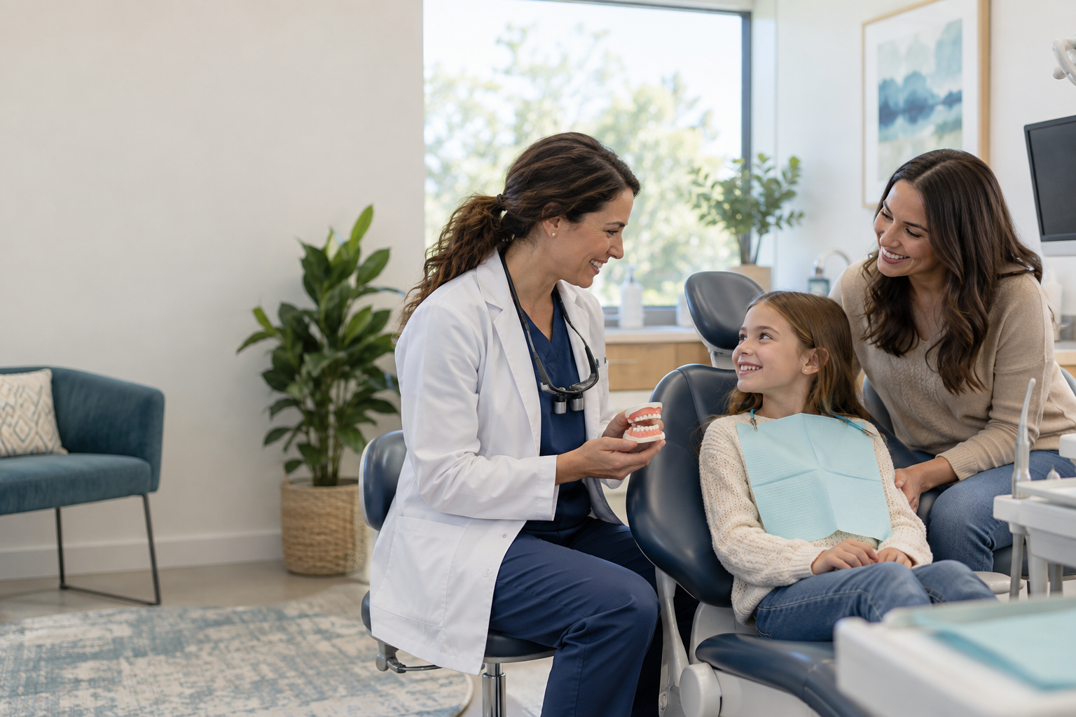 Dentist speaking with a parent and child in a bright dental treatment room