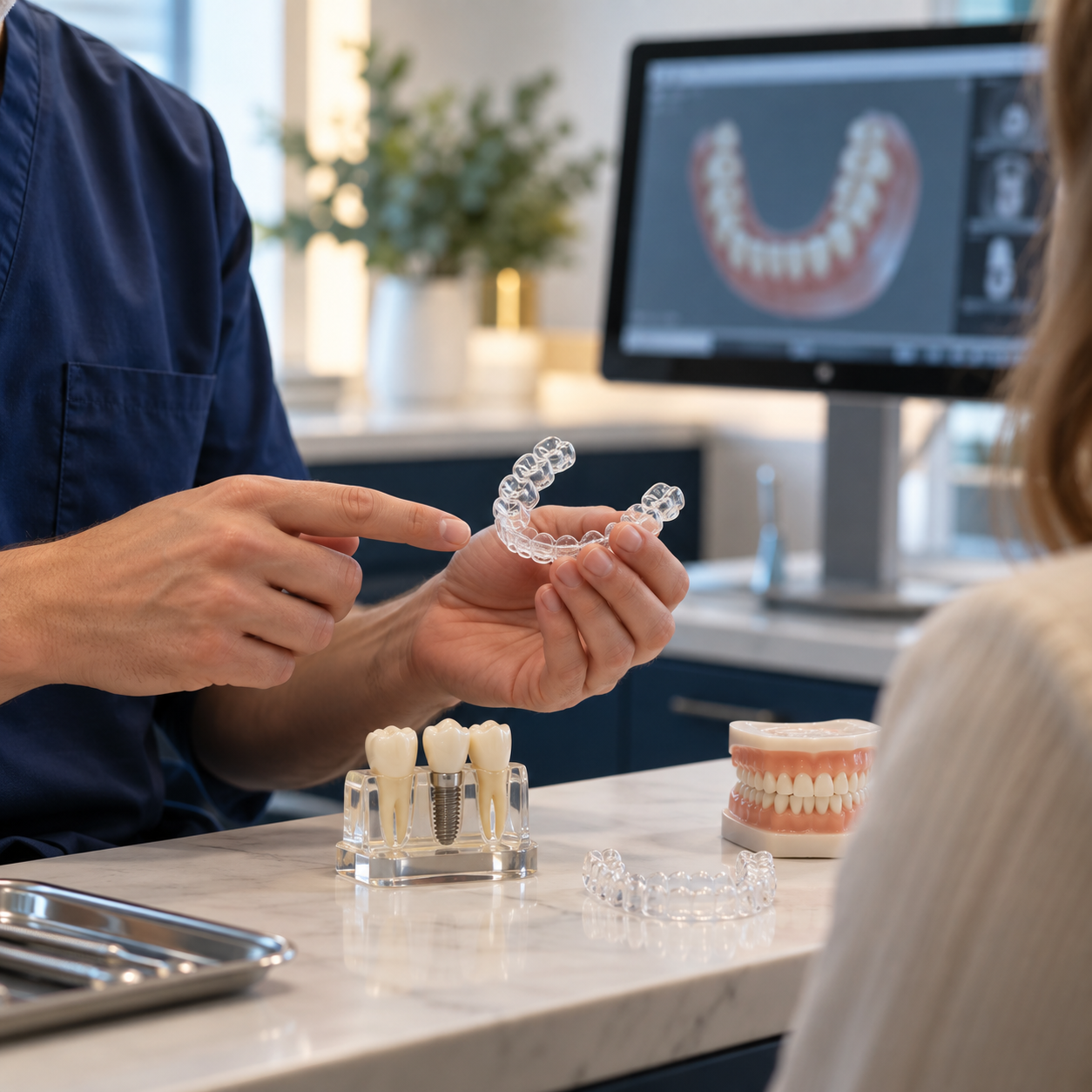 Dentist reviewing a clear aligner and dental models with a patient