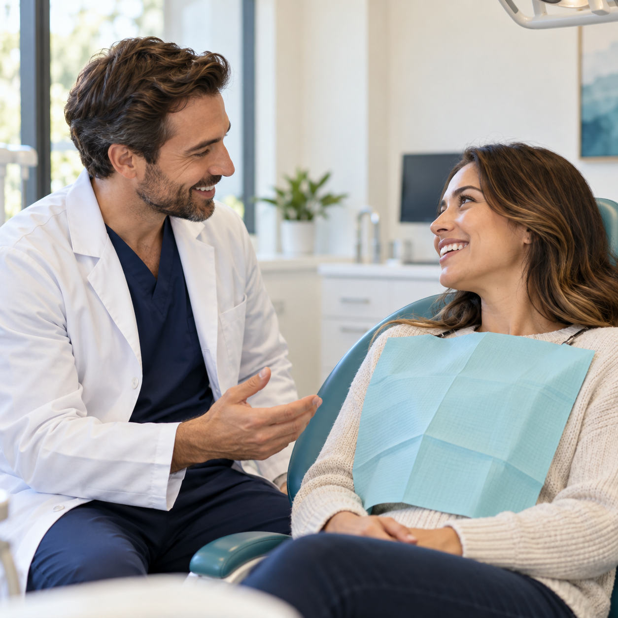 Dentist speaking with a patient in a bright treatment room
